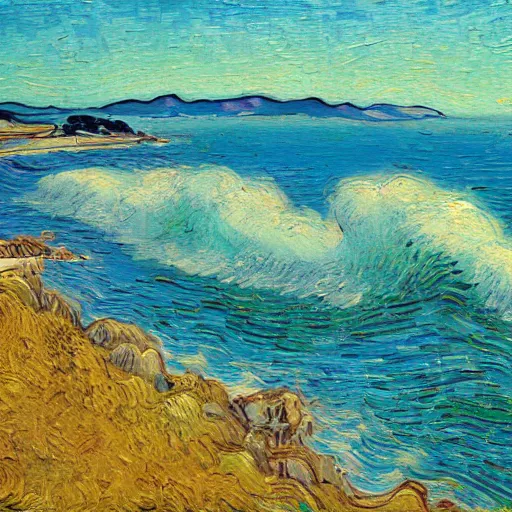 Image similar to painting of monterey bay, california, in the style of van gogh