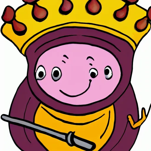 Image similar to kidney bean holding a staff, wearing crown, cartoon character, digital art, fun,