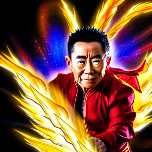 Image similar to uhd candid photo of cosmic jet li as a super sayian powering up, glowing, global illumination, studio lighting, radiant light, hyperdetailed, correct face, elaborate intricate costume. photo by annie leibowitz