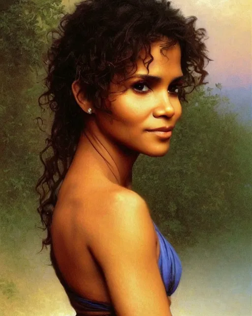 Prompt: beautiful glorious realistic oil painting of young halle berry, bokeh, baroque style by bouguereau, sunset, highly detailed, 8 k intricate