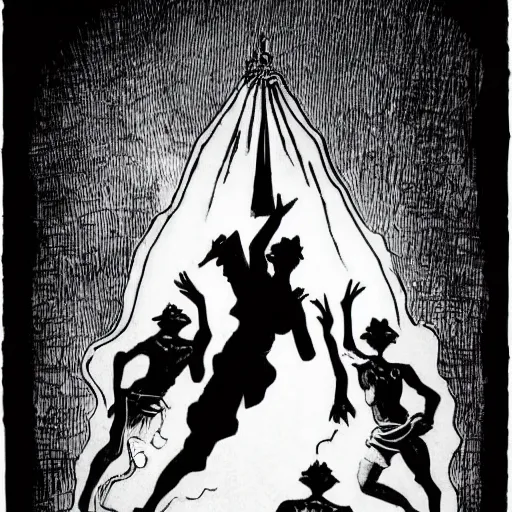 Prompt: Silhouettes of fishmen holding worshipping a statue in a dark cave. D&D. Pen and ink. Black and white. Mike Mignola.