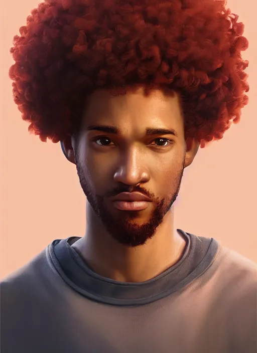 Prompt: illustration of short curly orange afro hair men as a self, portrait, smooth, unreal engine 5, octane, reflects, masterpiece artwork, ultra detailed, artgerm, as pixar film poster, digital art, trending on artstation, behance, deviantart