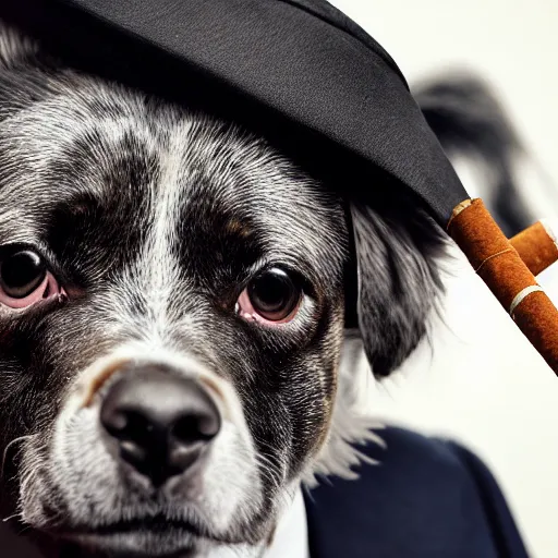 Image similar to a high detail closeup photograph of a dog wearing a suit 👔,and smoking a cigarrette🚬, award wining photograph, digital art