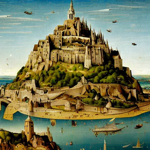 Prompt: Stunning and highly detailed painting of Mount Saint-Michel by Hieronymus Bosch