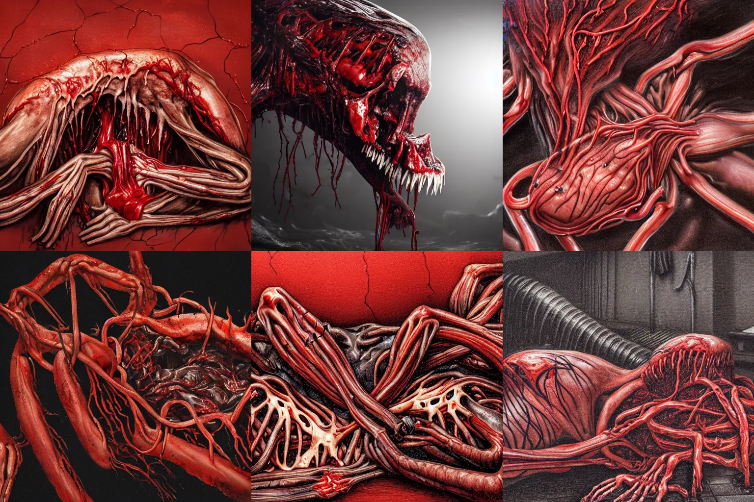 Prompt: a dark red gory structure of intertwined decaying muscles, animal limbs and jaws monstrously molten together, eyes, sharp teeth, and intestines lying in a pool of clotting blood and pus, slowly engulfing its surroundings with twitching veins and bloody intestines, dark hazy room, a high-quality photo, hyperrealistic, in color