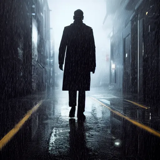 Image similar to ONE SINGLE detective in trench coat looking away from the camera, cyberpunk, futuristic, technology , cinematic lighting, depth of field, highly detailed, volumetric fog, dark, moody, gritty, rain, neon lights