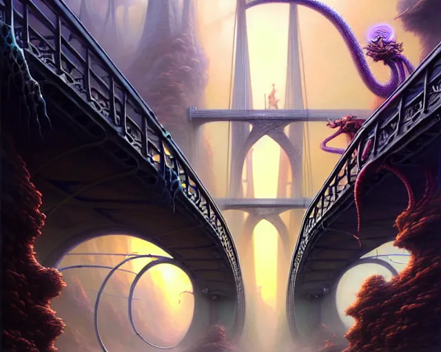 Image similar to street view of a bridge being held up by two handsl, fantasy landscape made of fractals facing each other, ultra realistic, wide angle, intricate details, the fifth element artifacts, highly detailed by peter mohrbacher, hajime sorayama, wayne barlowe, boris vallejo, aaron horkey, gaston bussiere, craig mullins