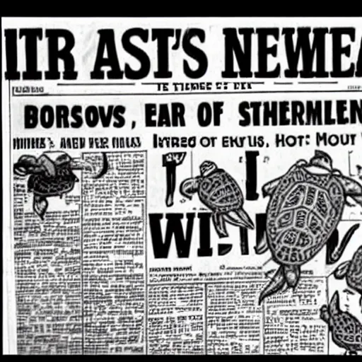 Prompt: 1940's news paper headline about Mobster Turtles