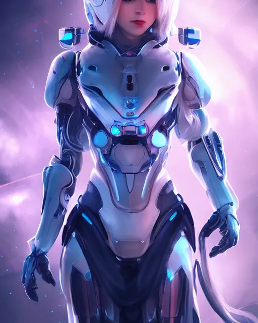 Image similar to perfect android girl on a mothership, warframe armor, beautiful face, scifi, futuristic, galaxy, nebula, raytracing, dreamy, long white hair, blue cyborg eyes, sharp focus, cinematic lighting, highly detailed, artstation, divine, by gauthier leblanc, kazuya takahashi, huifeng huang