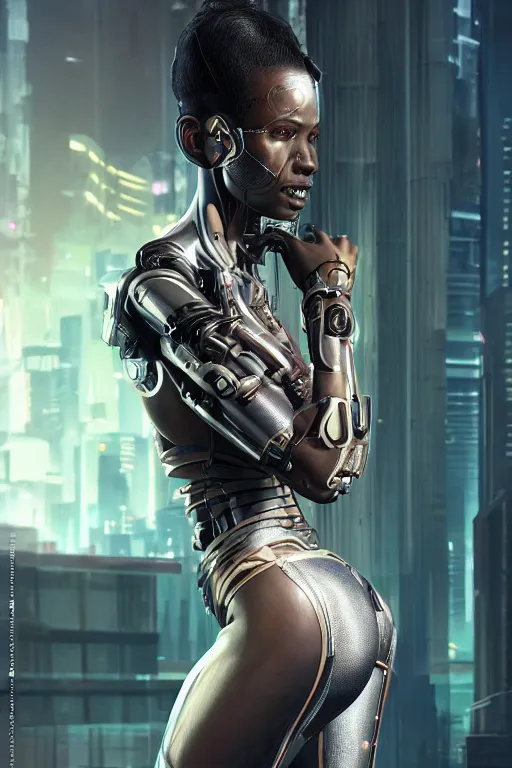 Image similar to Photorealistic illustration, full body black women cyborg , with fashion clothe, six digital eyes by sorayama , cyberpunk 2077, sci-fi, futuristic, intricate, elegant, highly detailed, digital painting, artstation, concept art, smooth, sharp focus, art by artgerm, greg rutkowski and alphonse mucha