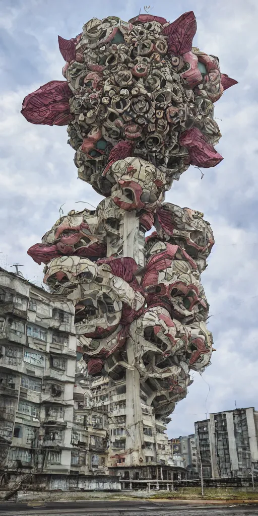 Image similar to giant grotesque flower in the middle of abandoned post soviet constructivist cityscape, Stalinist architecture, ultradetailed by Hayao Miyazaki and Josan Gonzalez and Makoto Shinkai and Giuseppe Arcimboldo