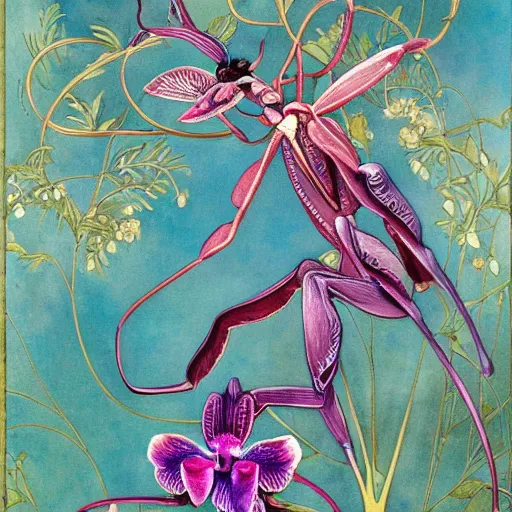 Image similar to majestic colorful orchid mantis enamel by leon bakst and yoshitaka amano, cloisonne, beautiful hyperdetailed art nouveau orchids, james jean, amanda sage