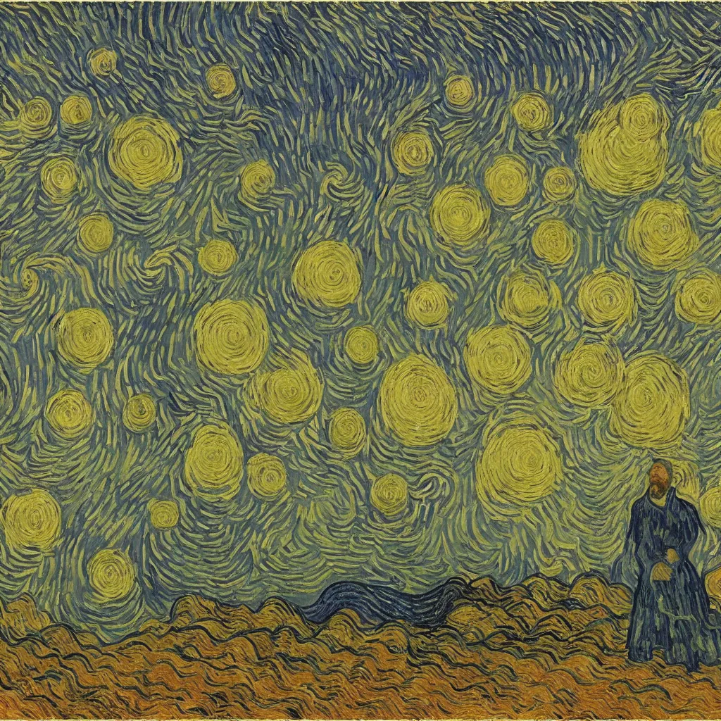 Image similar to a sending down [ of the revelation ] from him who created the earth and the lofty heavens, overdetailed art, by van gogh, sharp focus, man standing