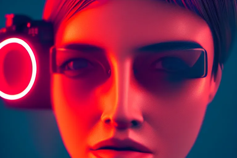 Prompt: close portrait of a photographer, neon lights, sharp focus, hyperdetailed, artstation, cgsociety, 8k