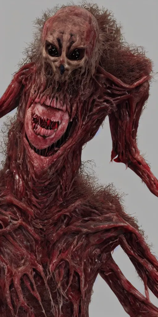 Image similar to smiling photorealistic ultra detailed humanoid creature made of decomposed bloody flesh and bones and fur, extremly detailed, 8 k, realistic, sharp focus, cosmic horror creature, cosmic horror, from the movie the thing, mysterious creature, bloody eyes, big eyes