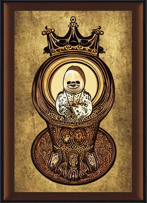 Image similar to sloth as the king of cups, copper cup, coper crown, poster framed, intricate details, medieval art style, high contrast, posterized