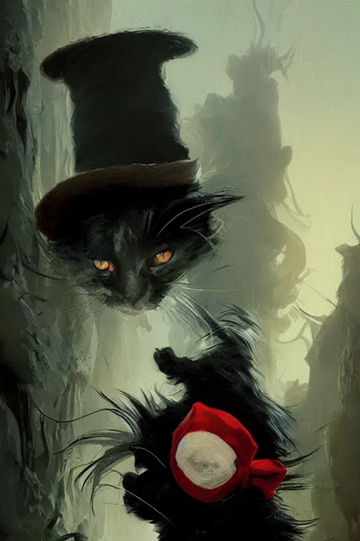 Prompt: the cat in the hat, scary, cinematic, concept art by dr seuss and greg rutkowski and ruan jia