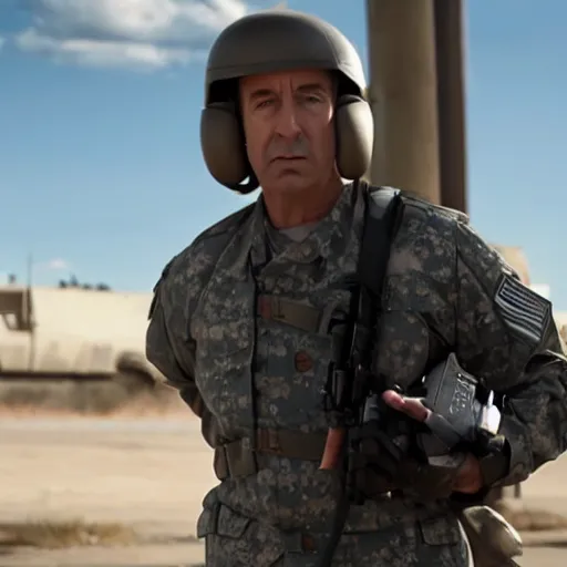 Image similar to Movie still of Saul Goodman wearing modern modern modern heavy military gear, highly detailed, 4k