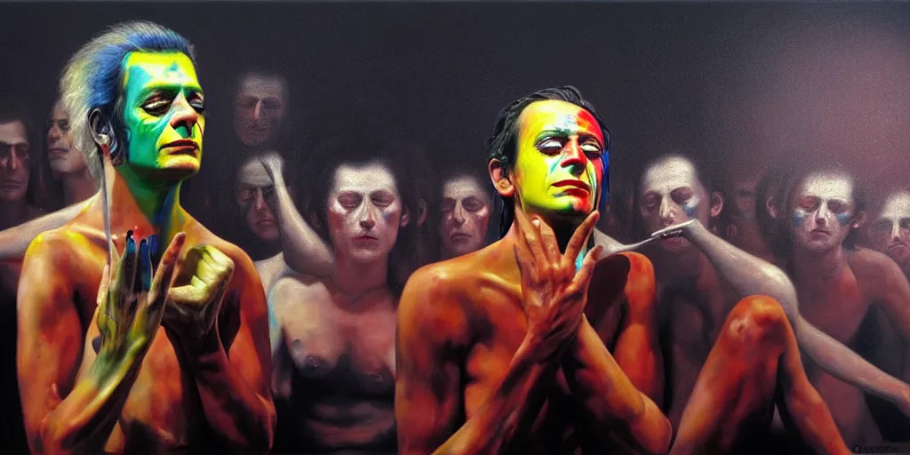 Image similar to ney matogrosso with audience, crying tears of paint, spotlit, high contrast oil painting by gottfried helnwein