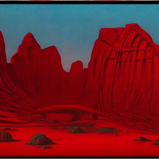 Prompt: only red colour, alien landscape filled with lithups, filigree ornaments, wadi rum, jordan, volumetric lights, beksinski