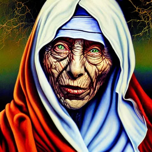 Image similar to a hyperrealistic painting of mother theresa as a zombie buy jason edmiston, hd, sharp focus,