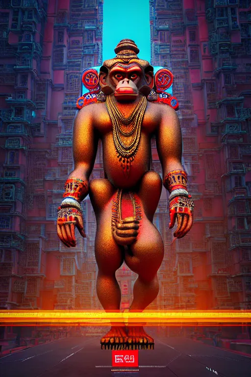 Image similar to high quality 3 d render post - rococo cyberpunk hanuman! head building, neon madhubani, highly detailed, in sci - fi mumbai, cinematic smooth unreal engine, lee madgwick & liam wong, dramatic light, low angle, uhd 8 k, sharp focus