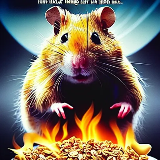 Prompt: an epic movie poster of a movie where a homeless hamster eats so much oatmeal he becomes obese