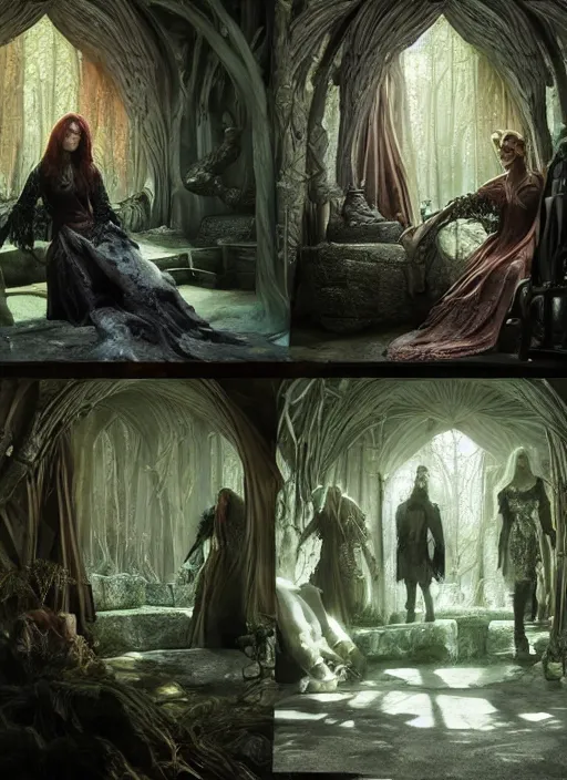 Image similar to inside covens den, diffuse lighting, fantasy epic effects, hdrp smoke, intricate facial detailing, highly detailed scenery, lifelike, photorealistic, sharp focus, digital painting, artstation, unreal 5, concept art, smooth, art by john collier and albert aublet and krenz cushart and artem demura and alphonse mucha