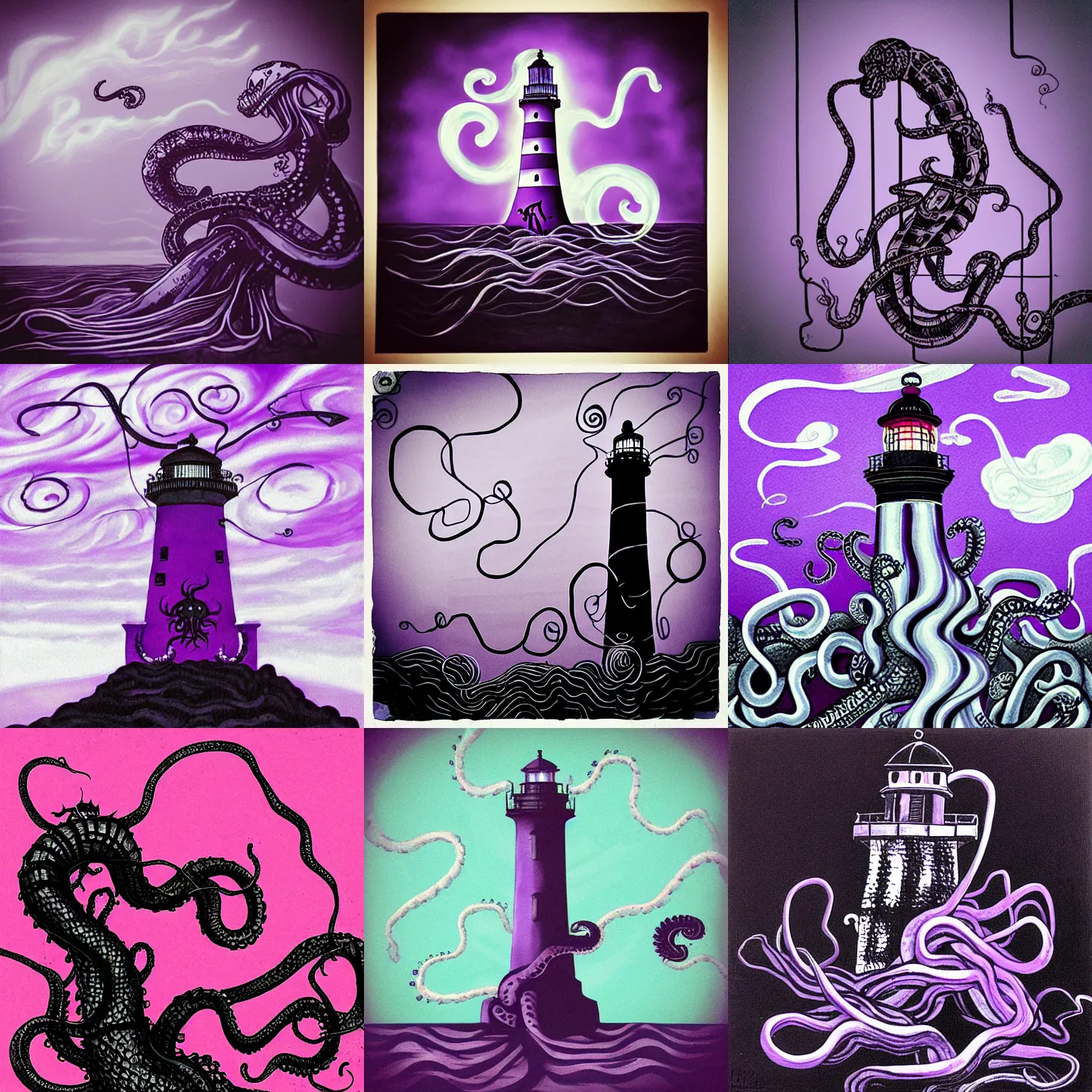 Prompt: “purple and black kraken tendrils snaking up a lighthouse in a storm, high quality concert art”