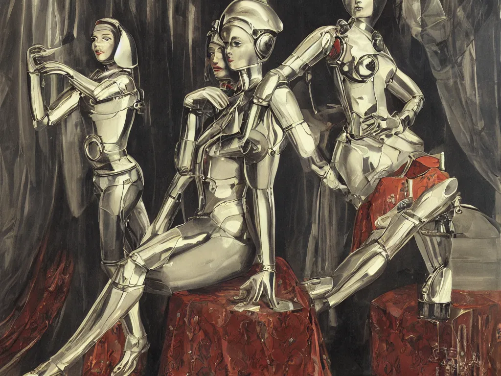 Image similar to a Royal portrait of chrome android woman as illustrated by Nikolai Lutohin. 1971