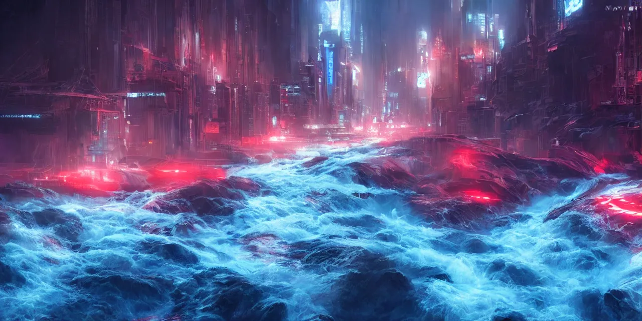 Image similar to turbulent river rapids rushing through a futuristic city at night , volumetric lighting, blue and red glowing lights, 4k, octane, digital painting, artstation, concept art, sharp focus, illustration, high contrast, high saturation , cinematic film still, by artgerm and greg rutkowski