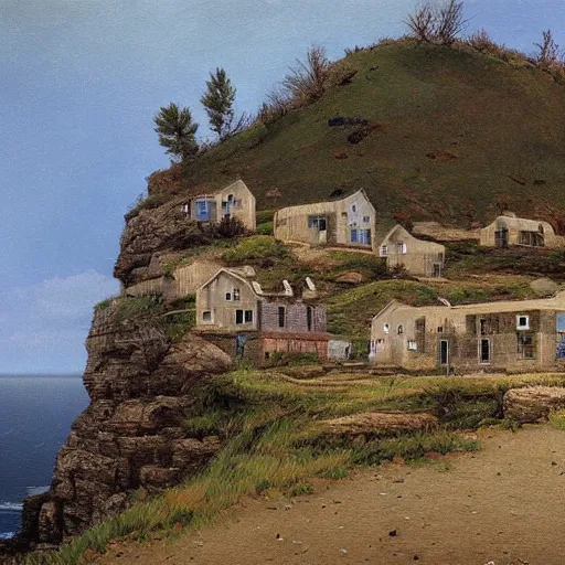 Prompt: The Village on the Cliff, beautiful, by Scott Listfield