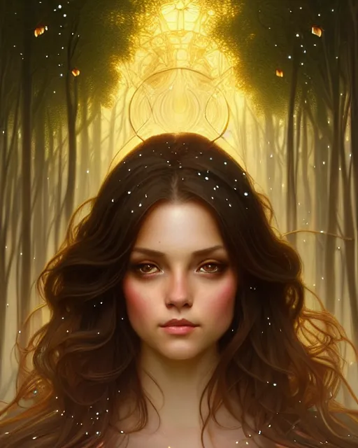 Prompt: symmetry portrait of brunette princess, glam, fae, fireflies, forest background, intricate, elegant, highly detailed, digital painting, artstation, concept art, smooth, sharp focus, illustration, art by artgerm and greg rutkowski and fra angelico and alphons mucha