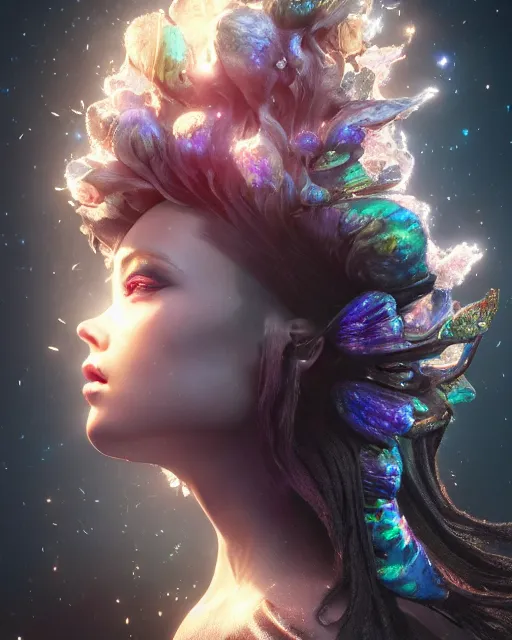 Prompt: beauteous sumptuous dark empress with incredible iridescent pearlescent voluminous hair, photo - realistic crystalline masterpiece incrustations, hyperdetailed kind face, elegant pose, movie still, cinematic forest lighting, intricate accuracy, octane render, cgsociety, artgerm, unreal engine, crepuscular rays, god rays