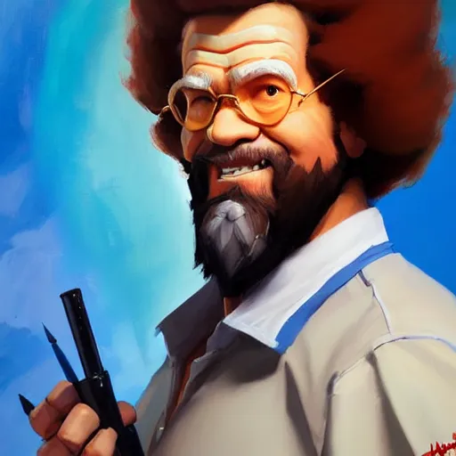 Image similar to Greg Manchess portrait painting of Bob Ross as Overwatch character, wacky, medium shot, asymmetrical, profile picture, Organic Painting, sunny day, Matte Painting, bold shapes, hard edges, street art, trending on artstation, by Huang Guangjian and Gil Elvgren and Sachin Teng