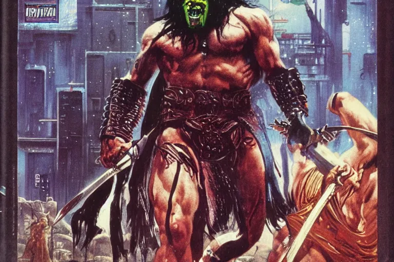 Image similar to 1979 OMNI Magazine Cover of Conan the barbarian as an orc At a Subway station in Neo-Tokyo in cyberpunk style by Vincent Di Fate