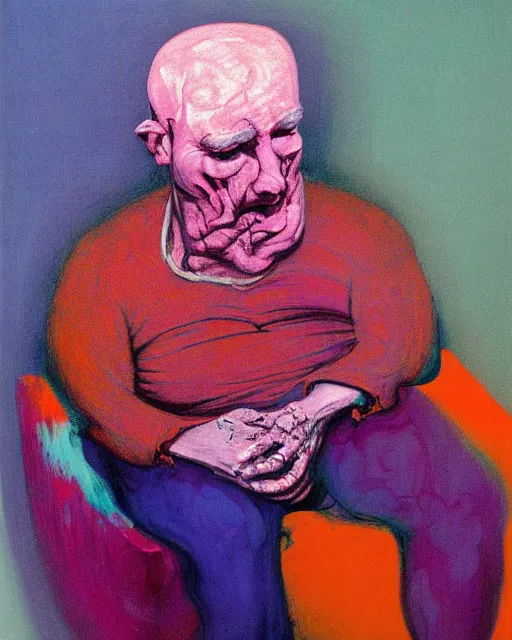 Prompt: thick expressionist acrylic painting of an old dead man sitting on a couch while his wife is crying,  pink and teal and orange and purple Beksinski painting, part by Francisco Goya and Gerhard Richter. art by James Jean, Francis Bacon masterpiece