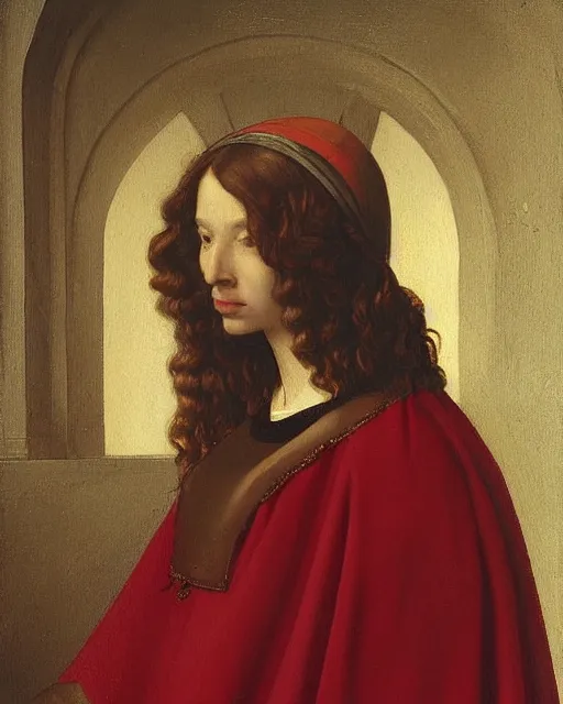 Image similar to a painting of a woman wearing a red cloak, a flemish baroque by petrus christus, unsplash, renaissance, da vinci, pre - raphaelite, studio portrait