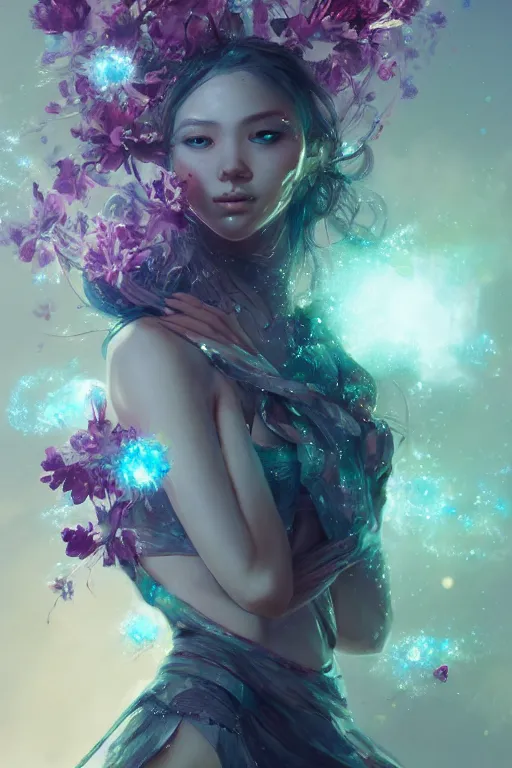 Prompt: beautiful girl covered with crystals exploding space, 3 d render, hyper realistic detailed portrait, holding magic flowers, ruan jia, wlop. scifi, fantasy, hyper detailed, octane render, concept art, peter mohrbacher