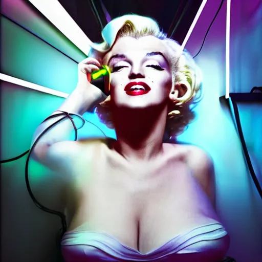 Image similar to marilyn monroe portrait, cyberpunk vr headset, futuristic, wires, neon hard lights, realistic, detailed, photography, vogue photoshoot