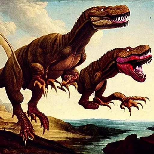 Prompt: a ferocious tyrannosaurus rex, renaissance painting