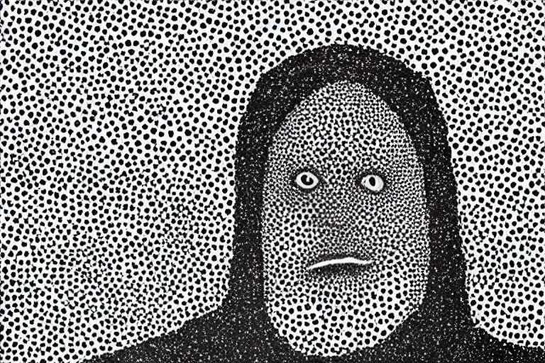 Image similar to face made out of planet, faceless people dark, dots, drip, stipple, pointillism, technical, abstract, minimal, style of francis bacon, asymmetry, pulled apart, cloak, hooded figure, made of dots, abstract, balaclava