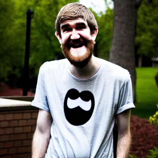 Image similar to bearded bo burnham outside of his house, smiling and dancing