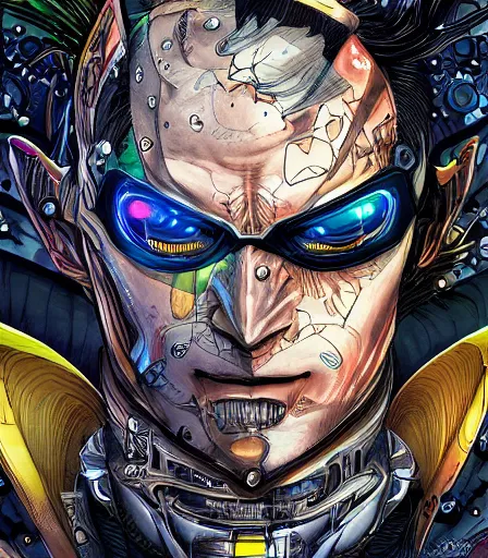 Prompt: hyper detailed comic illustration of a ClockPunk anime Batman, markings on his face, by by Android Jones intricate details, bright vibrant colors , solid background, low angle fish eye lens