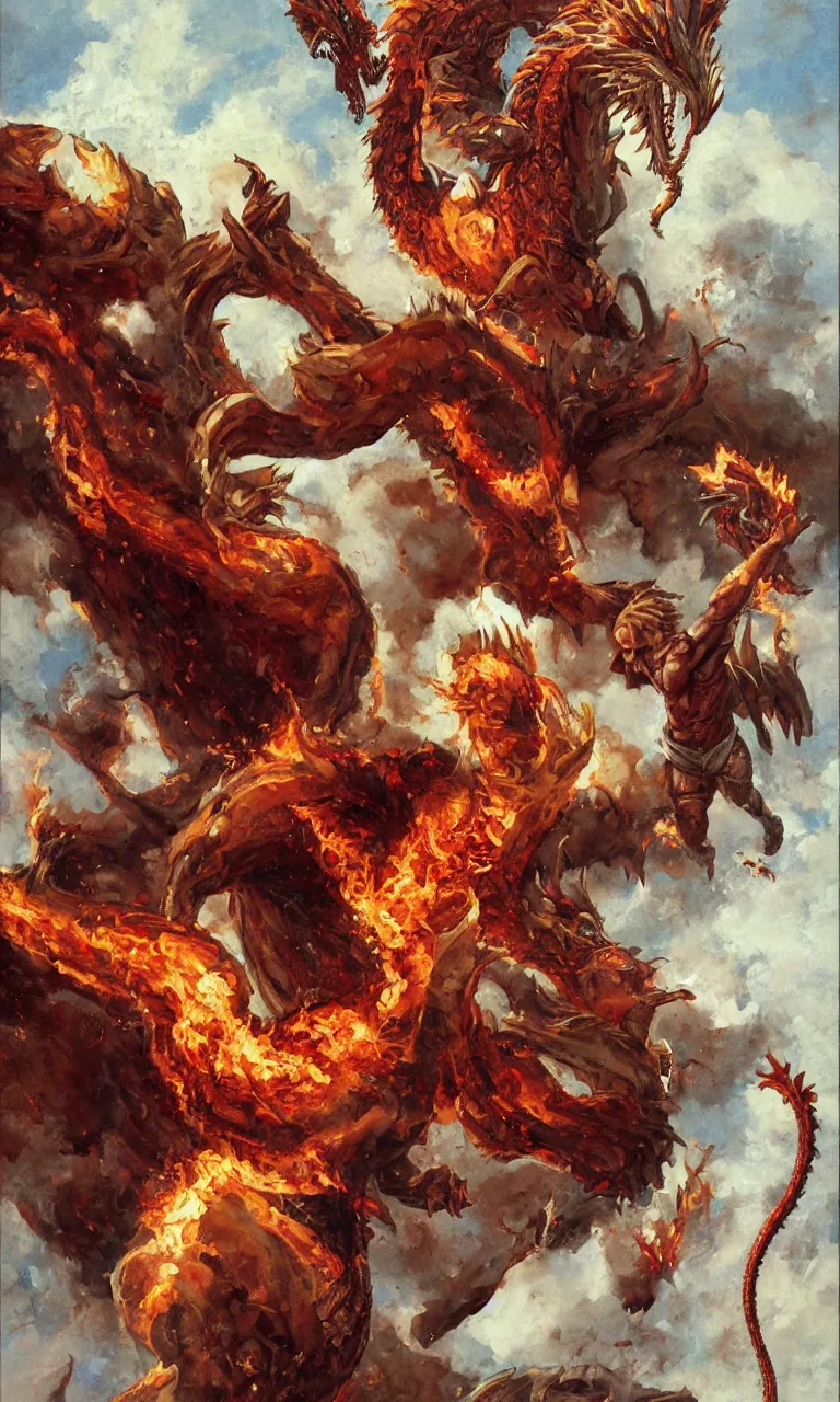 Image similar to a detailed oil painting rendition of kratos as lebron james riding a gigantic fire breathing dragon, art by norman rockwell