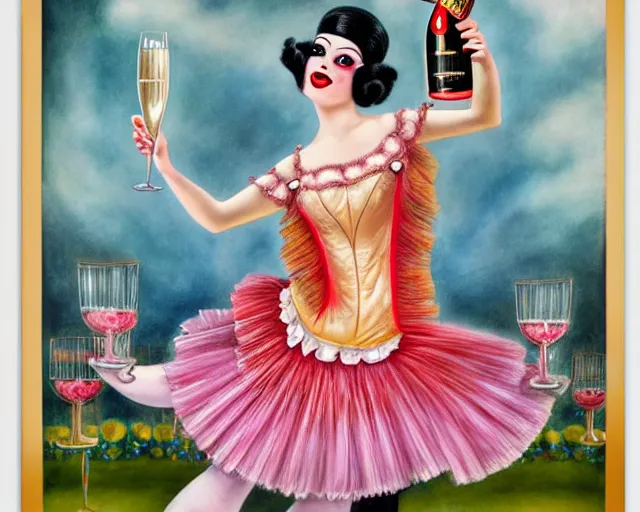 Image similar to a 1 9 2 0 s cancan dancer with a big bottle of champagne in art deco style, nicoletta ceccoli, mark ryden, lostfish, max fleischer, hyper realistic, artstation, illustration, digital paint, matte paint, vivid colors, bright, cheerful, detailed and intricate environment