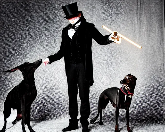 Prompt: greyhound wearing a black cloak and a top hat, under a spotlight, magician dog performing on stage