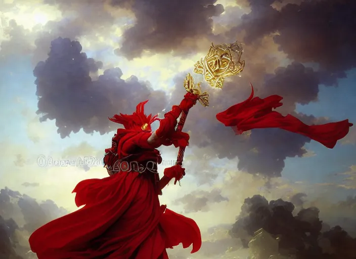 Image similar to A boisterous Red Mage wearing striped shining armor holding a staff of power surrounded by an epic cloudscape. The Magus Omega . Red Wizard. Morpheus. masterpiece. 4k digital illustration. by Ruan Jia and Artgerm and Andreas Rocha and William-Adolphe Bouguereau and Edmund Blair Leighton. award winning, Artstation, intricate details, realistic, Hyperdetailed, 8k resolution. Concept Painting. Key Art