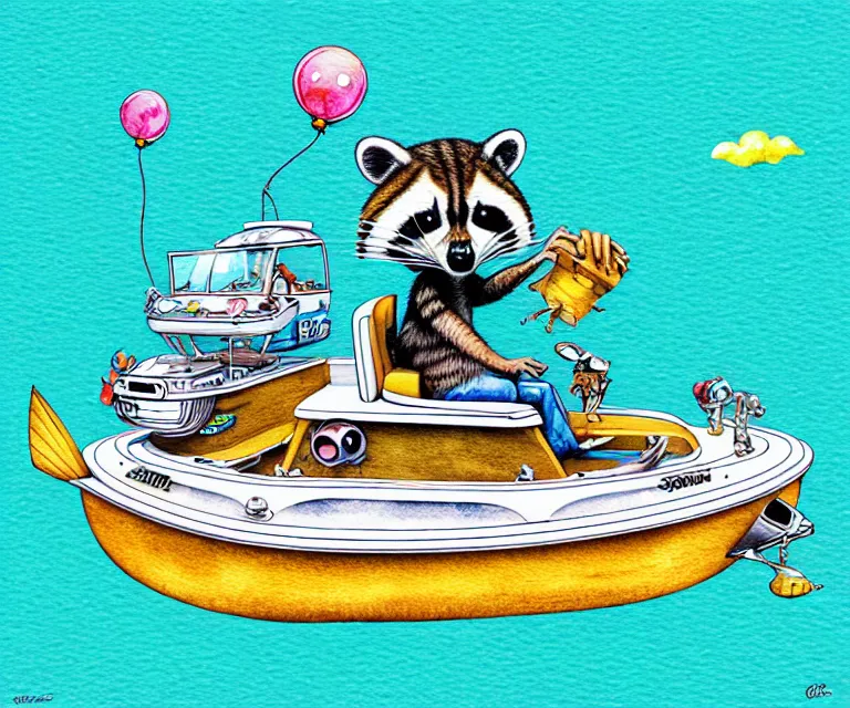 Image similar to cute and funny, racoon driving a tiny pontoon boat with party lights, ratfink style by ed roth, centered award winning watercolor pen illustration, isometric illustration by chihiro iwasaki, edited by craola, tiny details by artgerm and watercolor girl, symmetrically isometrically centered