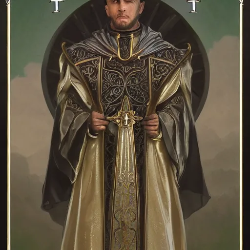 Prompt: an extremely detailed tarot card of a tiefling christian cleric, tiefling from d & d, fantasy, dressed in mithril plate armor that looks like a catholic priest's cassock, neoclassical architecture, 4 k, artstation, detailed, realistic, by alphonse mucha and greg rutkowski